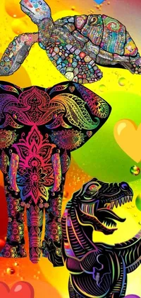 Rev up the screen of your phone with this t-rex and elephant live wallpaper! Designed with digital art and inspired by popular psychedelic art, this phone wallpaper is all about intricate detail, bold hues, and positive vibes