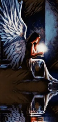 This stunning phone live wallpaper features a cross stitch image of an angel reading a book