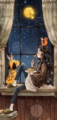 This phone live wallpaper showcases a captivating painting of a woman seated on a window sill, gazing at the night sky while indulging in cheese
