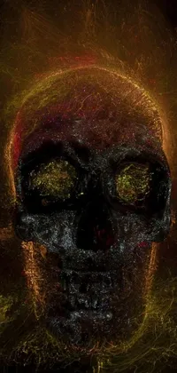 This phone live wallpaper features a stunning digital painting of a skull with glowing eyes