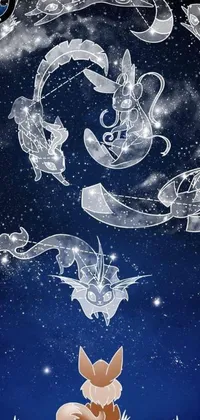 This phone live wallpaper features a stunning digital art of a cat sitting on a snow covered ground, surrounded by a star-chart, portrait of hollow knight and dragons flying in the sky against an ethereal curtain of light and cosmic dust with a glowing moon in the background