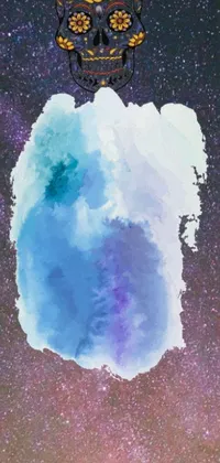 Indulge in the surreal with this captivating phone live wallpaper featuring a sugar skull on a cloud amidst a beautiful watercolor painting blending into the vastness of space