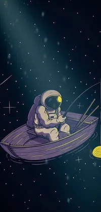 This live wallpaper features a surreal scene with an astronaut fishing on a small purple boat in space
