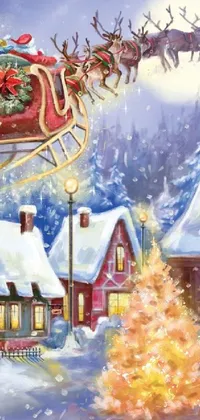 Decorate your phone with a delightful Christmas live wallpaper featuring Santa's sleigh flying over a snowy small town