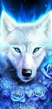This enchanting phone live wallpaper features a majestic white wolf with vibrant blue flames and blooming roses