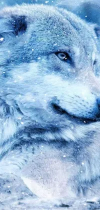 This phone live wallpaper showcases a striking close-up of a wild wolf set amidst a serene snowy background