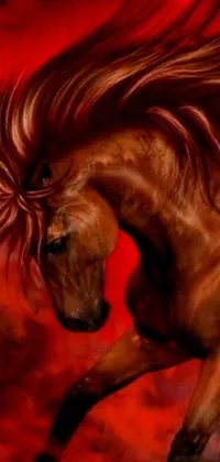 This live wallpaper features a digital painting of two powerful horses running together in vibrant shades of red and white