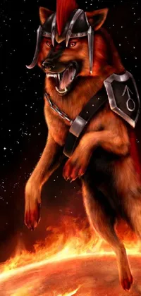 Make your phone come alive with this live wallpaper featuring a striking German Shepherd dog standing upright and conjuring up flames from its paws
