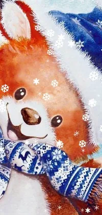 This live wallpaper for your phone features a charming painting of a teddy bear wearing a cozy hat and scarf, along with a cute fox and a lovely winter scene