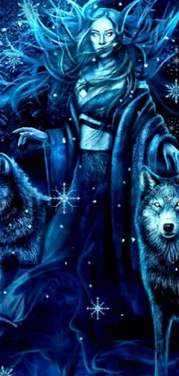 Enjoy a stunning phone live wallpaper with an enchanting painting of a woman and two wolfs set against a dark blue background