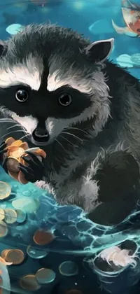 Get mesmerized by the beautiful live wallpaper featuring a raccoon enjoying its meal in a body of water