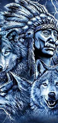 This striking phone live wallpaper features three wolves in Indian headdresses against a lightning-filled background