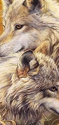 This phone live wallpaper features a mesmerizing painting of two wolves in tall grass