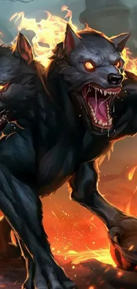 This dynamic phone live wallpaper features a fierce and fiery wolf with burning flames projecting from its mouth, set against a dark and eerie background