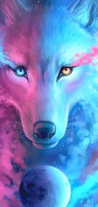 This live wallpaper features a digital painting of a white wolf set against a planet background in hot pink and cyan colors