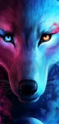 This stunning live wallpaper depicts a majestic wolf with bright blue eyes, painted in a bold and dynamic airbrush style
