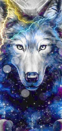 This stunning live wallpaper for your phone features a striking image of a wolf with blue lightning emanating from its eyes
