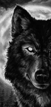 This wolf live wallpaper features a vivid painting of a wolf against a striking full moon backdrop in a charcoal drawing style