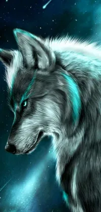 This wolf live wallpaper features a stunning side profile shot of a silver-furred wolf with vibrant turquoise blue coloring on its face and piercing blue eyes
