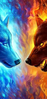 This phone live wallpaper showcases a captivating painting of two wolves facing each other