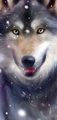 A stunning phone live wallpaper featuring a majestic wolf in the snow, with detailed silver and gray fur creating a striking image