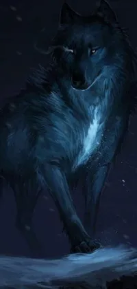 This live wallpaper features a breathtaking digital painting of a wolf standing in a serene snowy winter landscape