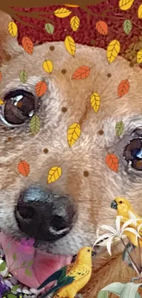 This gorgeous phone live wallpaper features a realistic close-up view of a dog covered in leaves, perfect for nature lovers