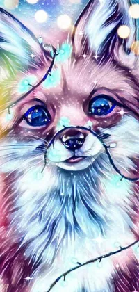 This lively phone live wallpaper features a stunning blue-eyed fox, depicted in a vibrant digital painting style