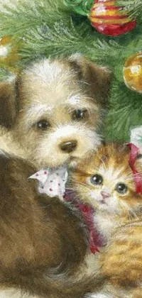 This mobile live wallpaper depicts a heartwarming scene of a cute dog and cat sitting together beneath a beautifully decorated Christmas tree