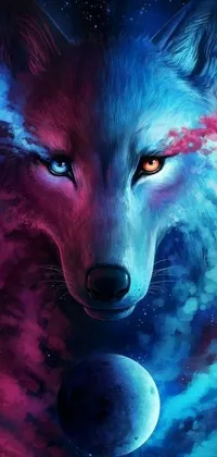 Looking for a stunning live wallpaper to personalize your phone's home screen? Check out this incredible airbrush painting featuring a majestic wolf staring up at the full moon! The painting is in a distinctive Tumblr style, with bold blue and red colors that contrast beautifully