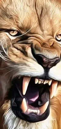 This lion live wallpaper depicts a breathtaking close-up of a roaring lion with its mouth wide open, displaying its fierce power