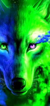 This live wallpaper showcases an airbrush painting of a wolf with glowing eyes, surrounded by blue and green rainbow fire