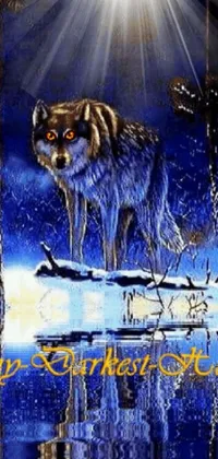 This phone live wallpaper boasts a striking image of a wolf standing on a tree branch in an artistic gothic style
