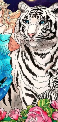 This live wallpaper features an ultrafine detailed painting of a woman and a tiger, with intricate floral patterns and swirling vines in white silver and gold tones