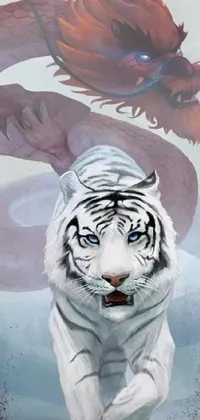 This mobile live wallpaper depicts a breathtaking digital painting of a white tiger and a dragon