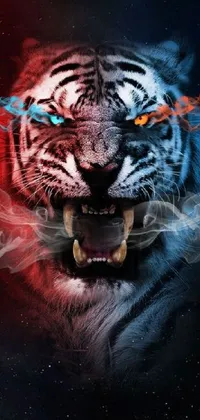 This phone live wallpaper showcases a fierce tiger with smoke emanating from its mouth set against a psychedelic backdrop