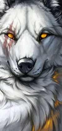 This phone live wallpaper boasts a beautiful painting of a white wolf with yellow eyes and glowing runes
