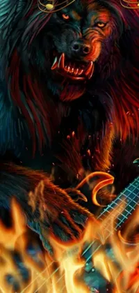 This smartphone live wallpaper depicts an impressive image of a lion playing a guitar, evocative of an album cover