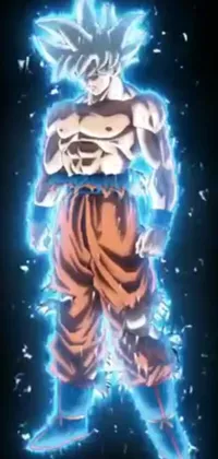This dynamic live wallpaper features a powerful warrior unleashing his energy in a fierce stance in front of a futuristic hologram on a black background
