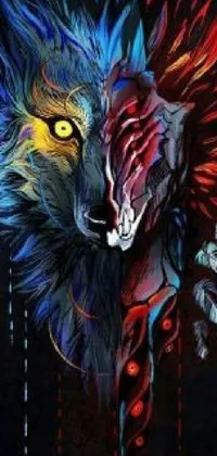 This phone live wallpaper showcases a magnificent painting of a wolf with feathers on its head, which makes it look like a mystical creature