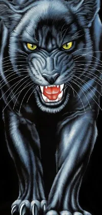 This live wallpaper features an airbrush painting of a black panther with yellow eyes on a black background