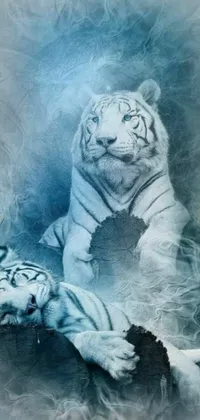 This live wallpaper features two beautiful white tigers depicted in an airbrush painting style