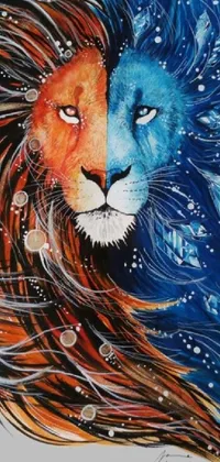This live phone wallpaper depicts a vibrant acrylic painting of a lion with a beautiful blue mane