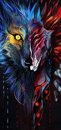 This live phone wallpaper displays a stunning digital painting of a wolf with feathered head in vibrant red and blue neon hues creating an ethereal atmosphere