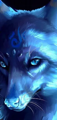 This phone live wallpaper features a vivid painting of a wolf with blue eyes, surrounded by wolpixie lights, and glowing blue-colored runes adorning the animal's body