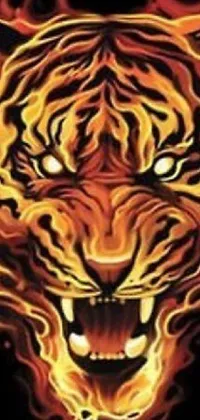This phone live wallpaper features a stunningly designed and intricate flaming tiger on a black background