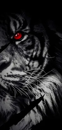 This stunning phone live wallpaper features a close-up of a tiger's face, with red eyes, against a black and white background with red accents