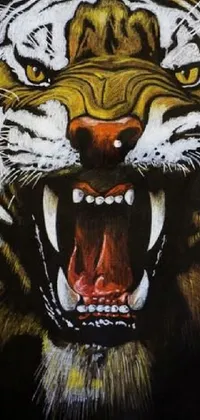 This live phone wallpaper depicts an impressive airbrush painting of a ferocious tiger with its mouth agape