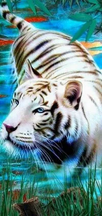 Enjoy the beauty of nature with this stunning live wallpaper featuring a painting of a white tiger standing in water