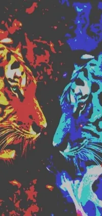 This phone live wallpaper showcases two tigers standing next to each other in a striking orange fire and blue ice duality
